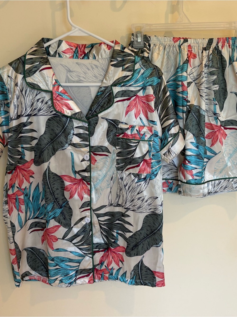 Silky Floral Short Pajama Set - White with Teal & Coral